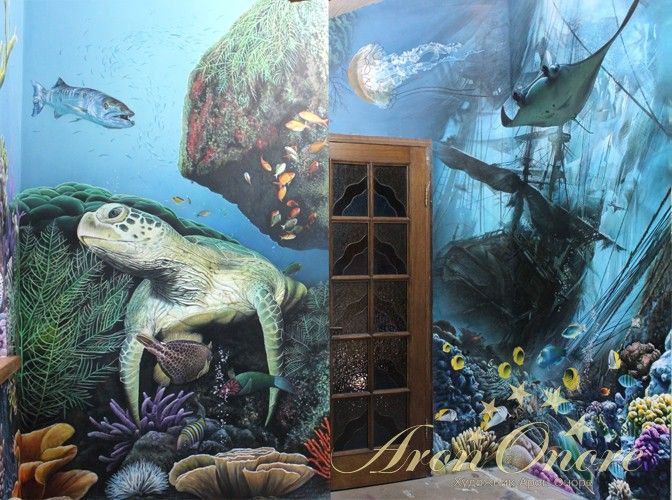 Роспись стен в морском стиле, черепаха, затонувший корабль 