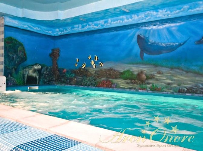 Роспись стен в морском стиле дельфины на глубине